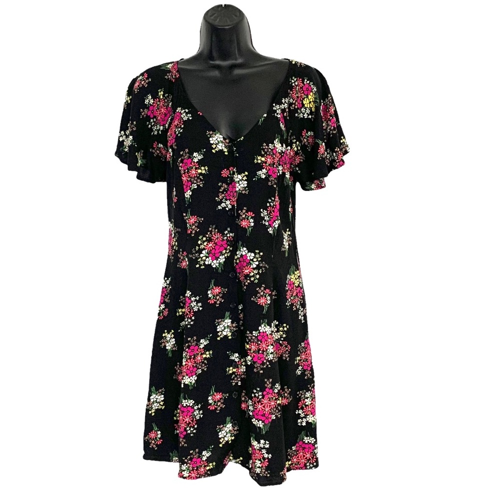 Band of Gypsies Fit Flare Dress Black Babydoll Floral Scoop Neck Smock